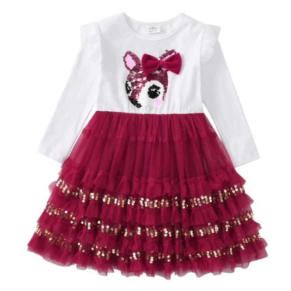 Christmas Sequin Deer Girls Long Sleeve Tutu Dress